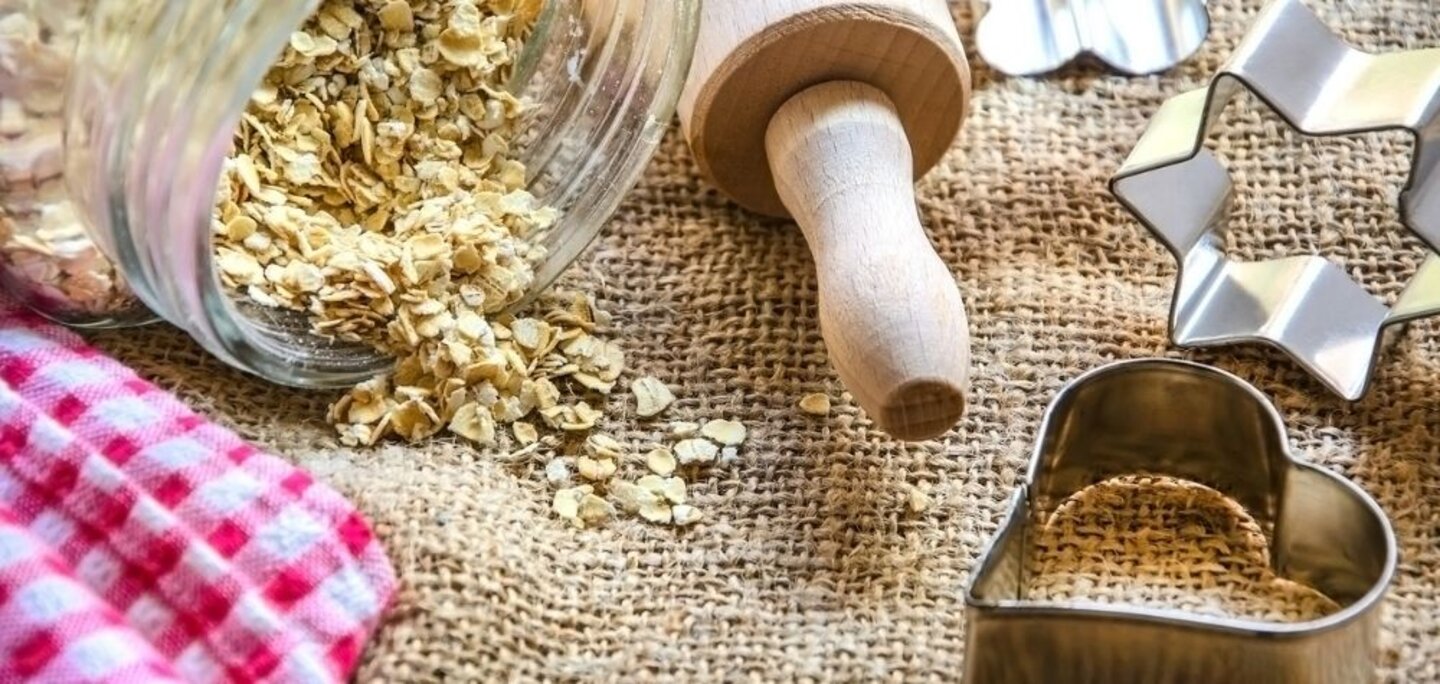 rolling pin, oatmeal, cookie cutters