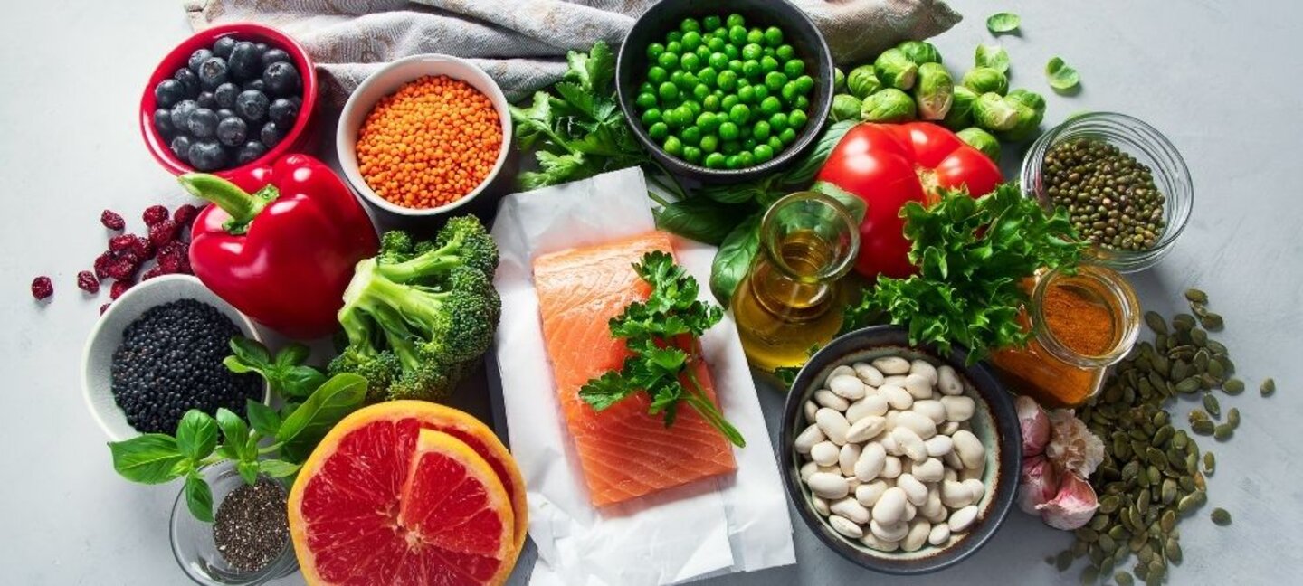 salmon, grapefruit, peas, beans, seeds