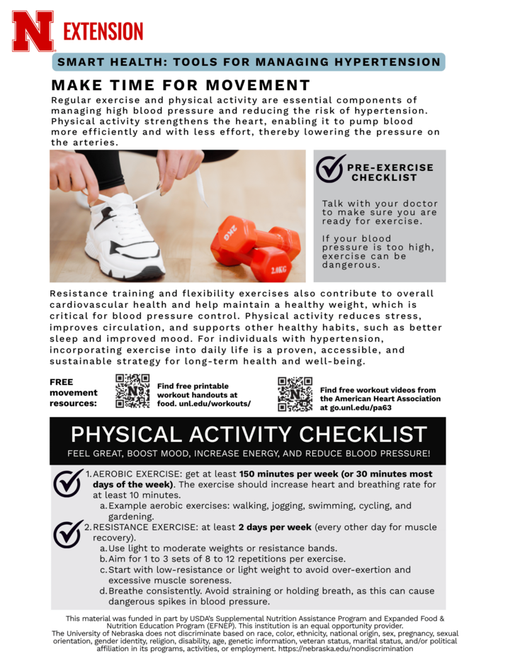Smart Health flyer about managing hypertension, featuring exercise tips and a physical activity checklist.