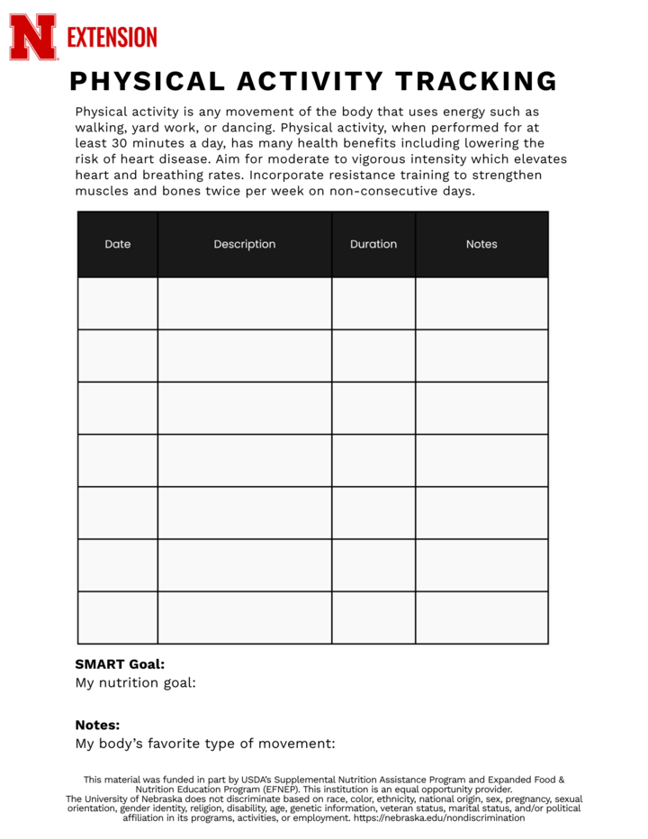 Physical activity tracking sheet with a table for date, description, duration, and notes. Includes goals section.