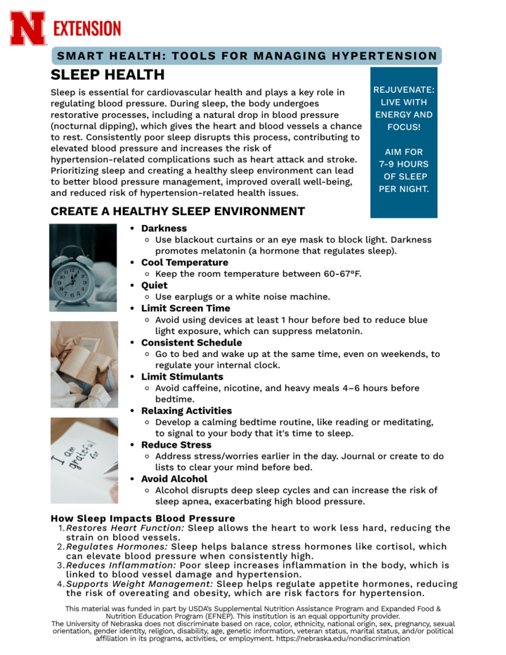 Smart Health flyer about managing hypertension with sleep tips and healthy sleep environment guidance.