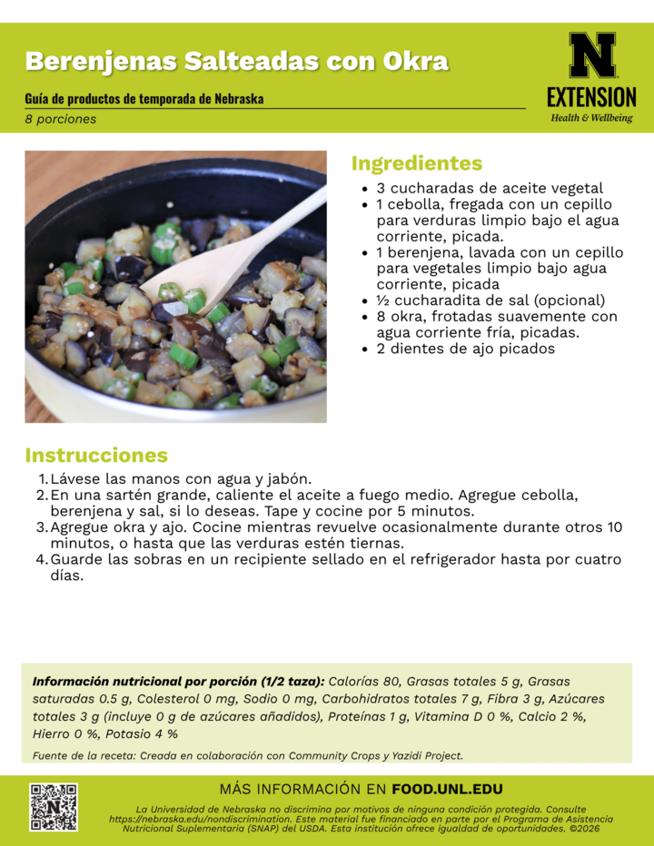 Spanish recipe handout for sautéed eggplant with okra with ingredients, instructions, and nutritional information displayed.