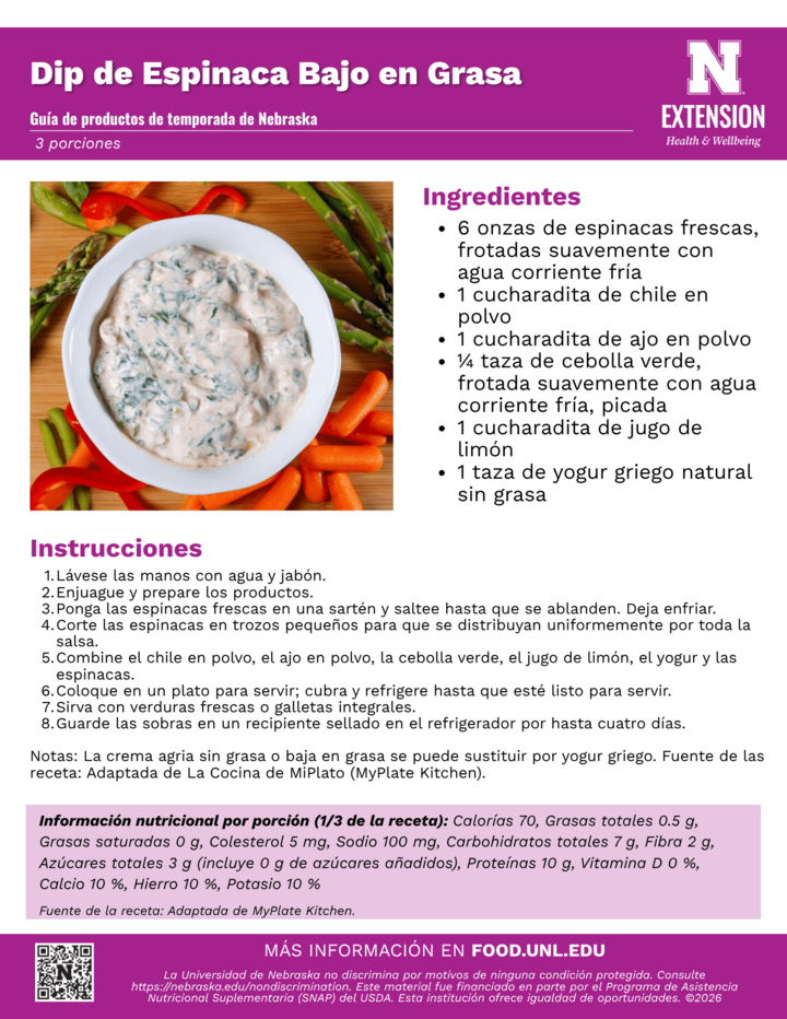 Spanish recipe handout for low-fat spinach dip with ingredients, instructions, and nutritional information displayed.
