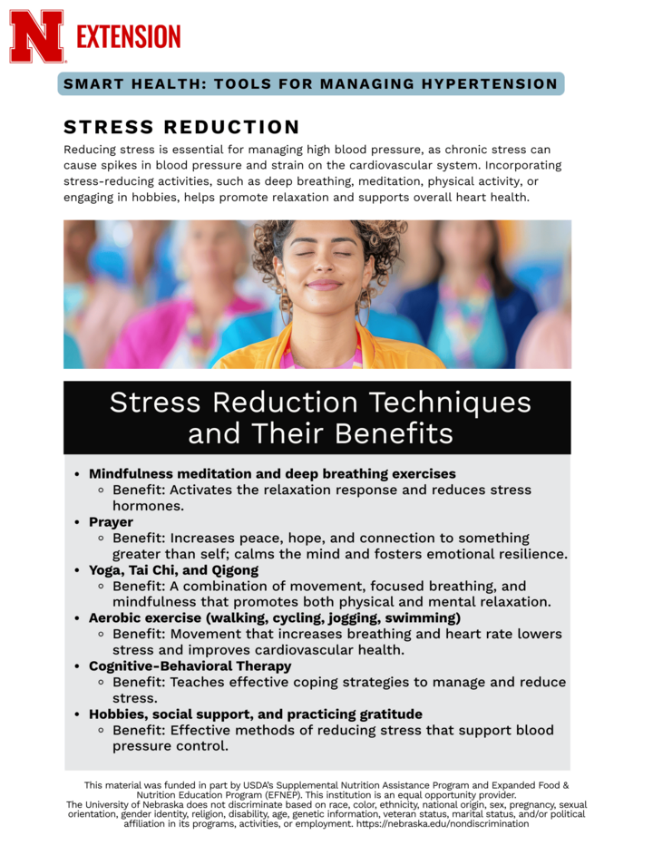 Smart Health guide on stress reduction techniques and benefits, including mindfulness, exercise, and hobbies.