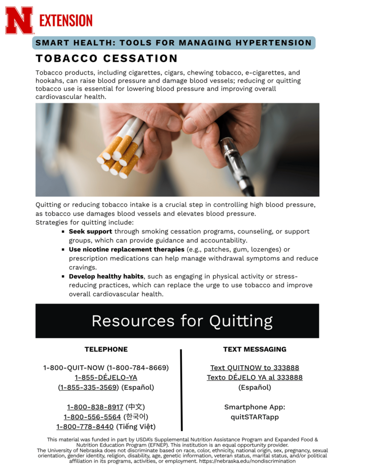 Hands holding cigarettes; text about quitting tobacco and resources for cessation.