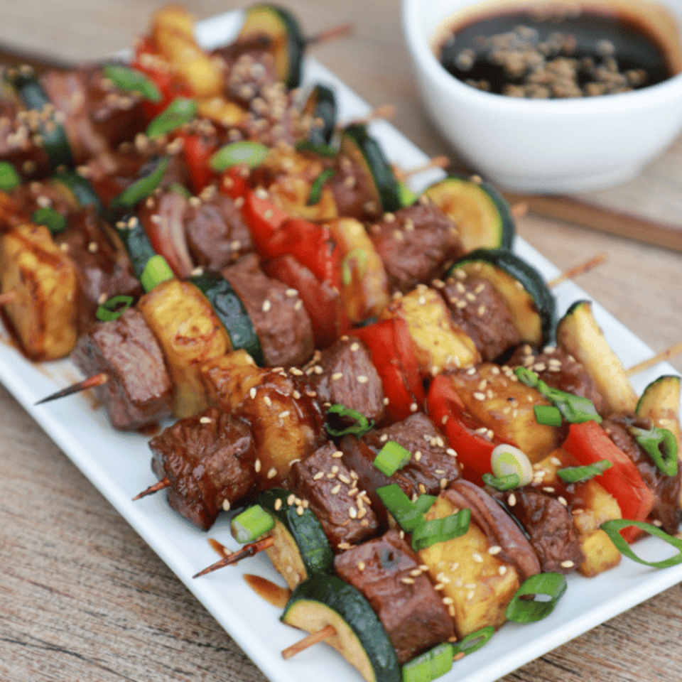 Beef Kabobs on a plate with teriyaki sauce