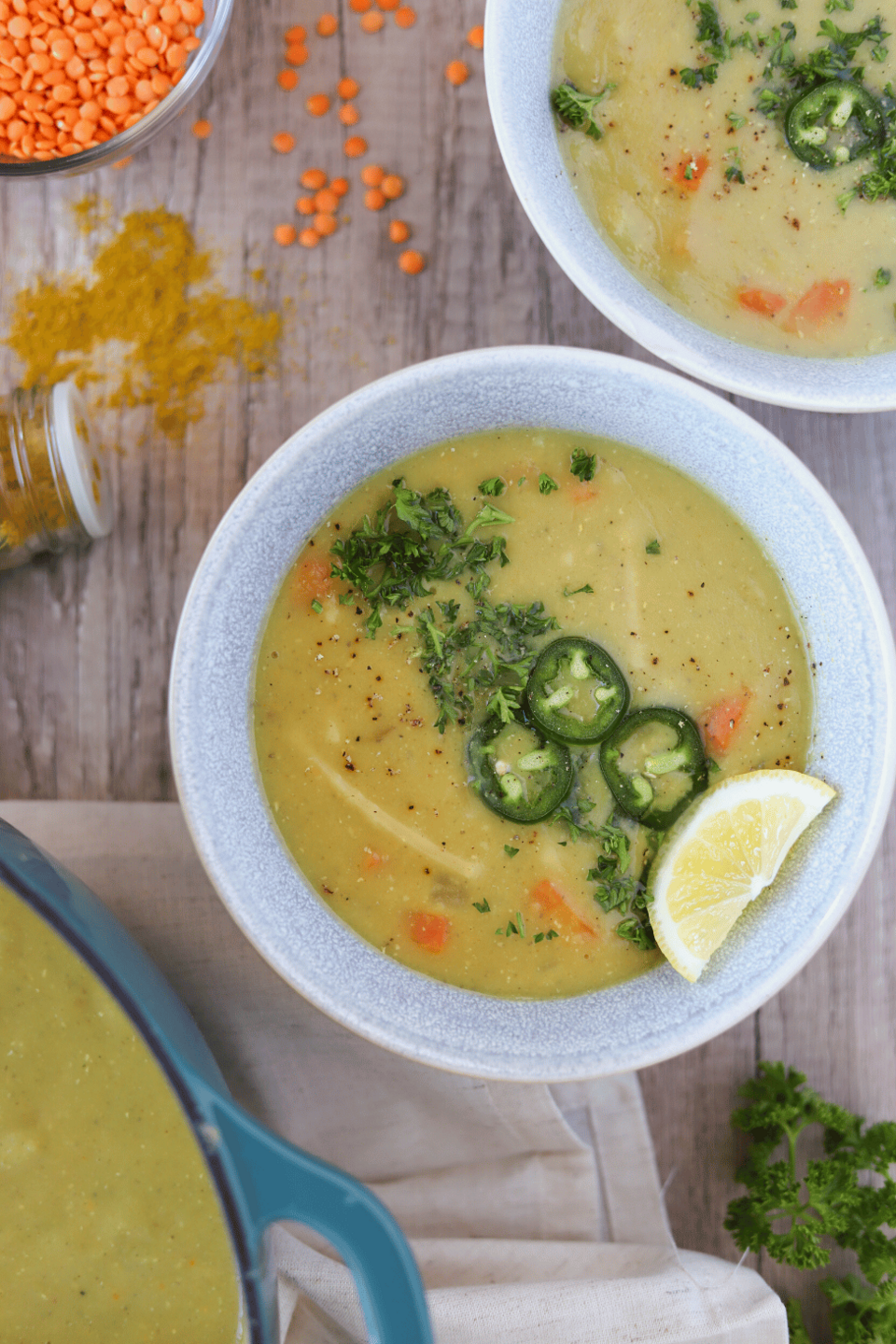 Lentil soup with parsley, jalapeno slices and lemon 