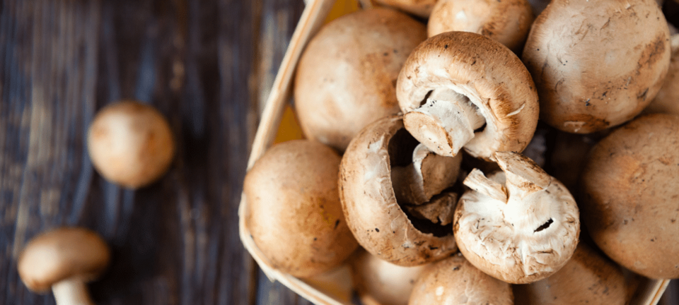 mushrooms in a basket on a wood table