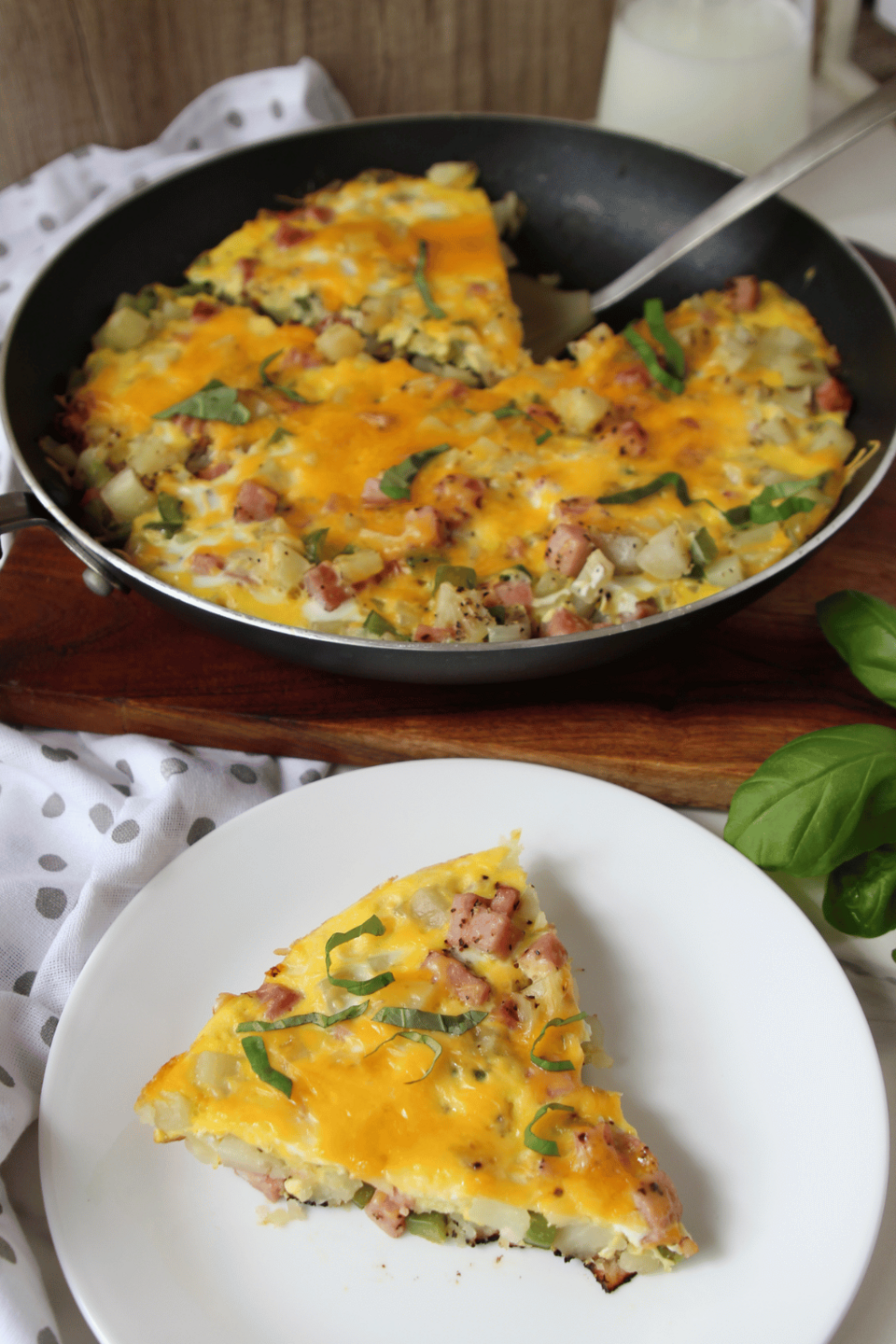 Ham and Egg Frittata in a skillet and on a plate