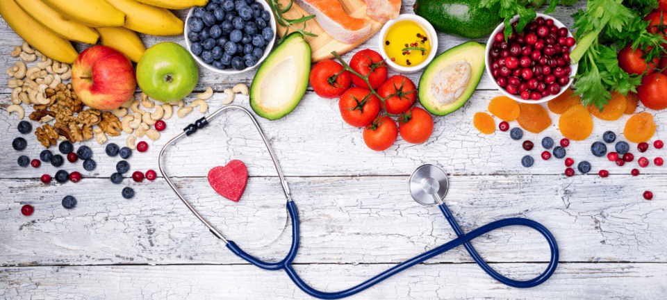 heart healthy foods for the heart such as fruits, vegetables, nuts, and fish