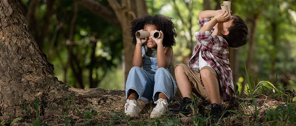 children sitting in the forest