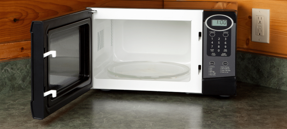 open microwave on counter