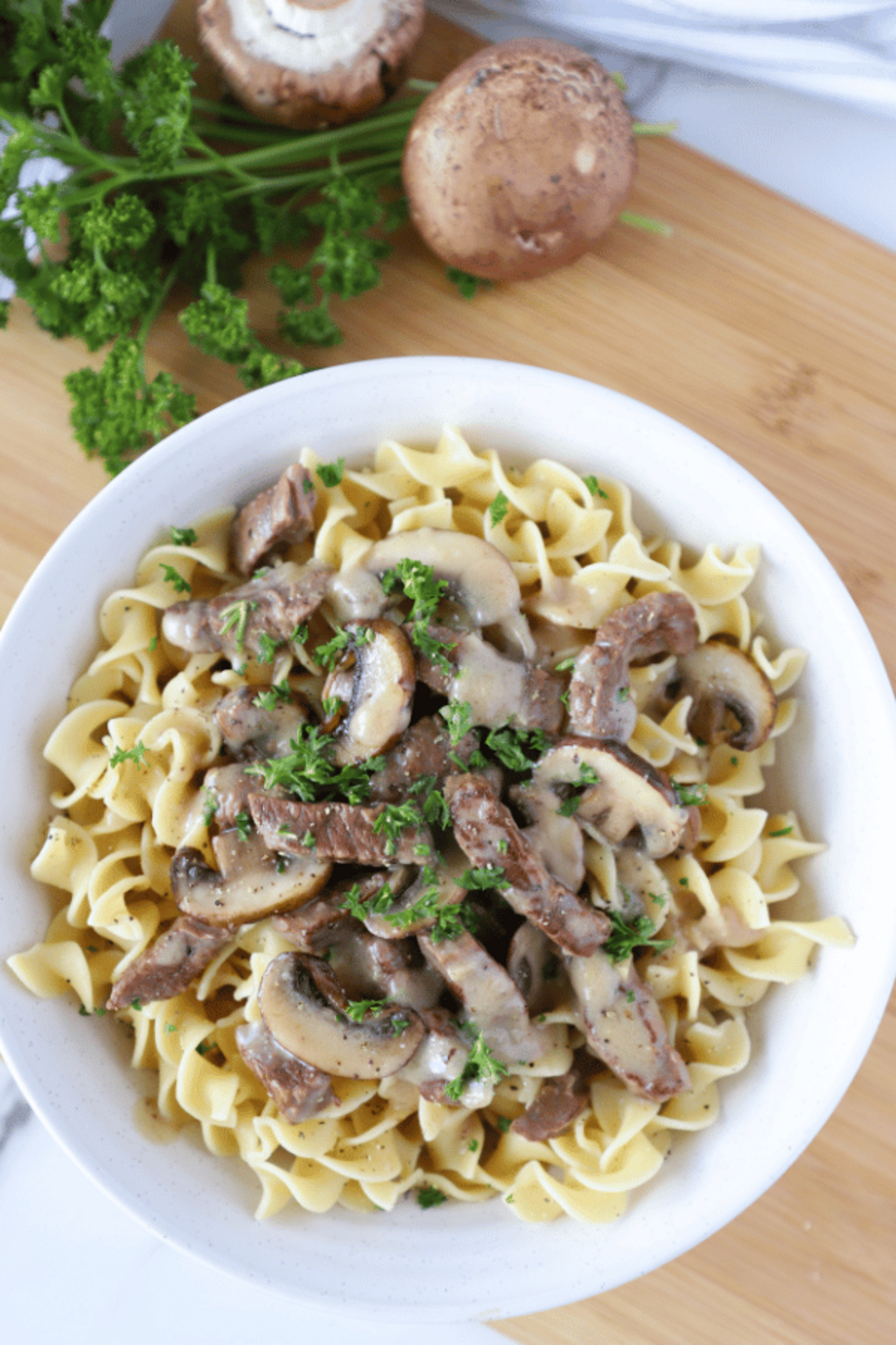 Beef Stroganoff over egg noodles