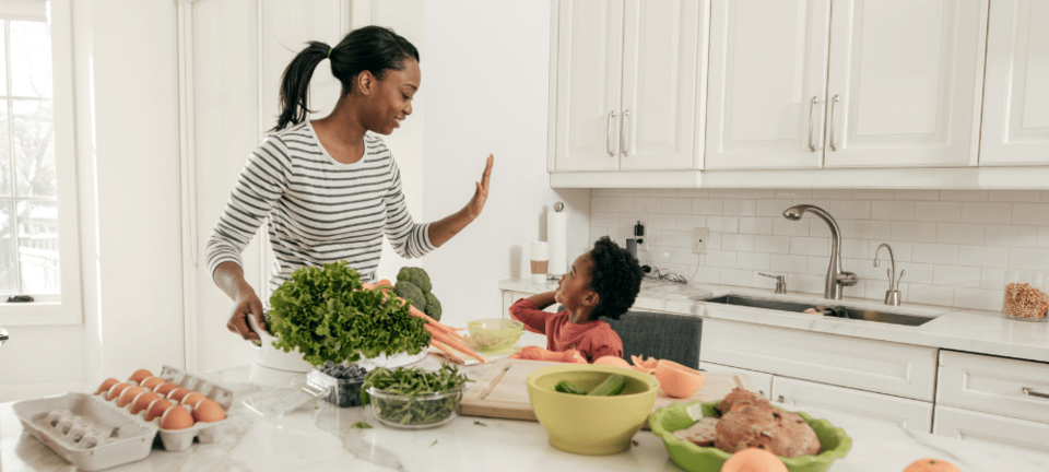 mom and child cooking in the kitchen