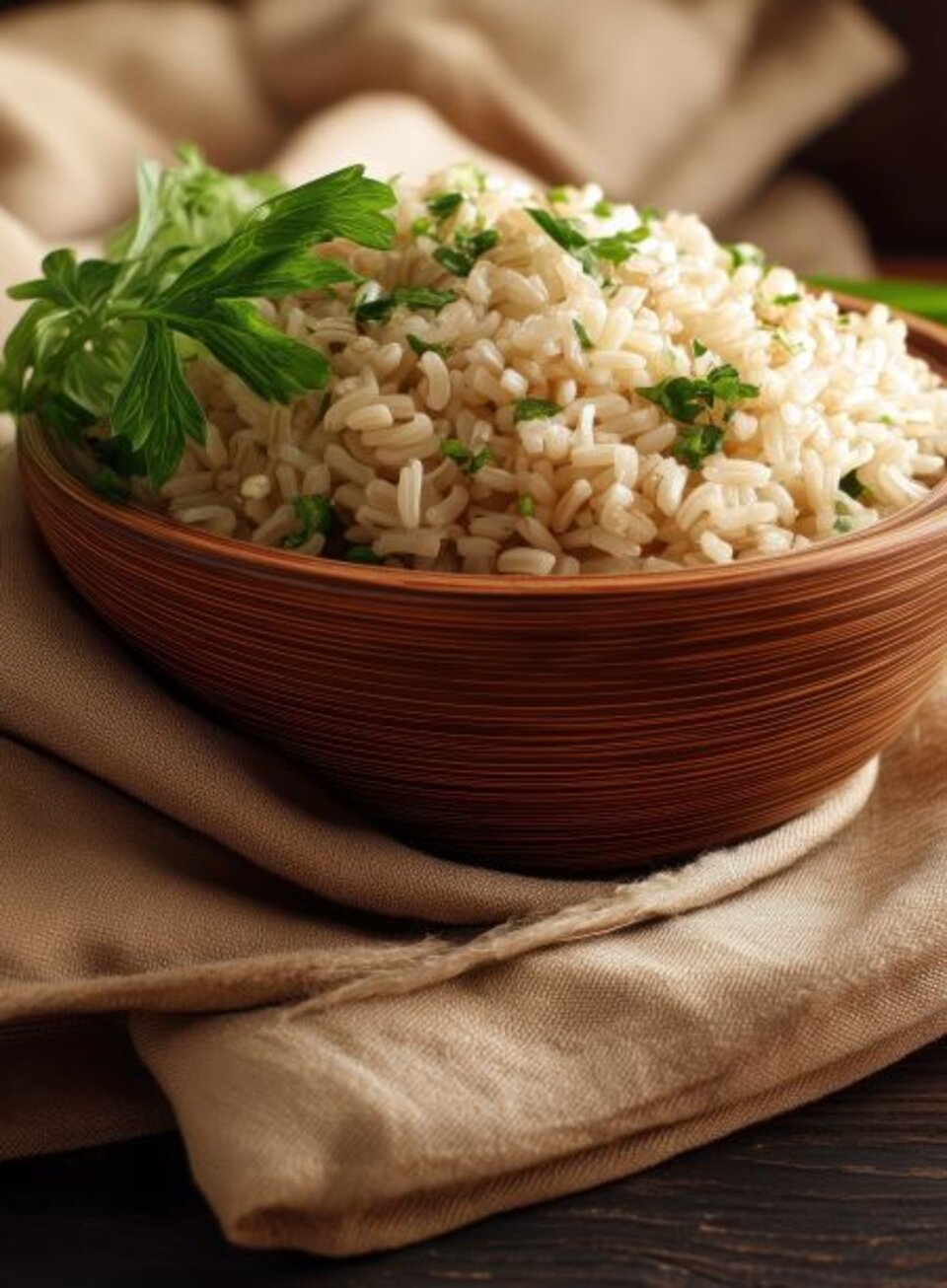 brown rice in a brown bowl with parsley