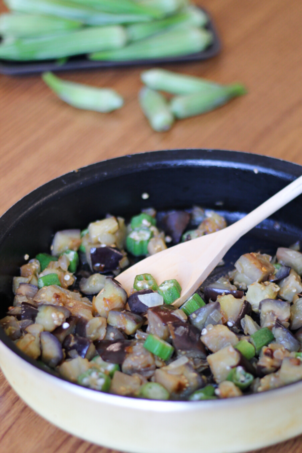 Sauteed Eggplant and Okra in a skillet