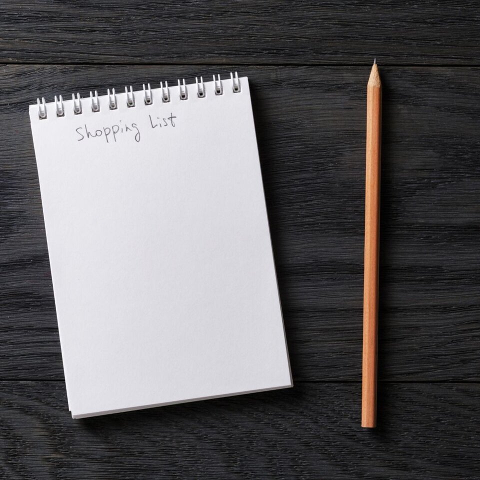 groceries, note pad, pen