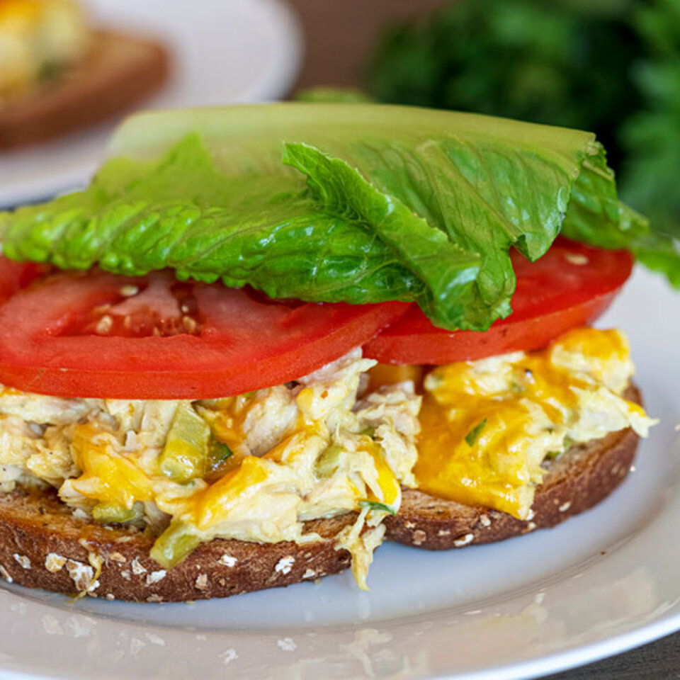 skillet tuna melt with lettuce and tomato on a white plate