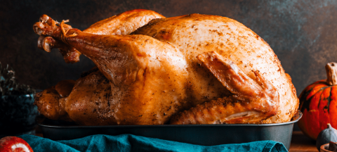 Roasted whole turkey in a pan