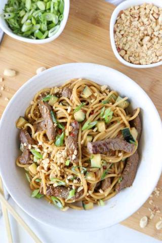 Beef and pasta in a bowl