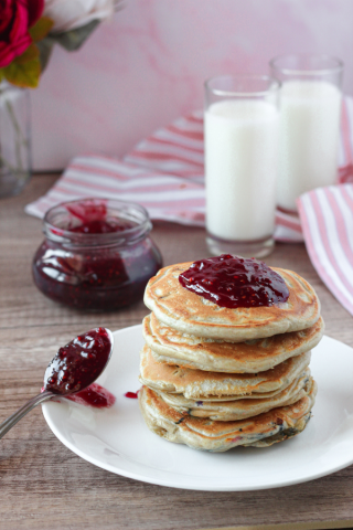 Pancake stack with raspberry jam