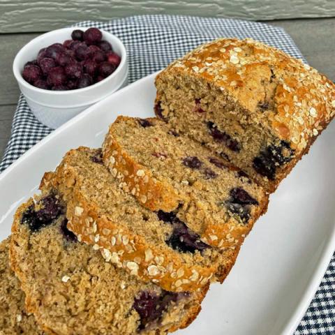 Blueberry Oatmeal Bread on a white plate