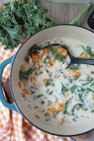 Chicken and rice soup in a pot