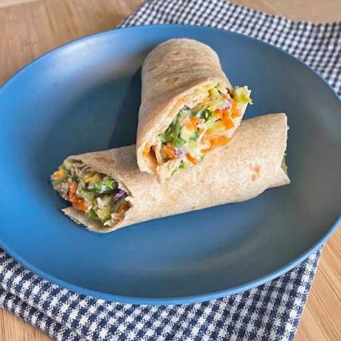 crunchy vegetable burrito on a blue plate