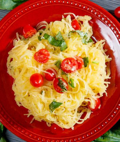 spaghetti squash on a red plate