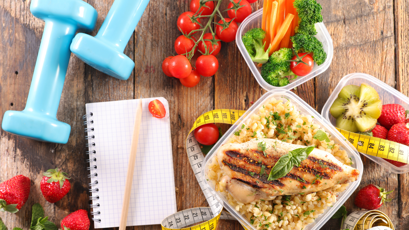 healthy food, weights, and notebook