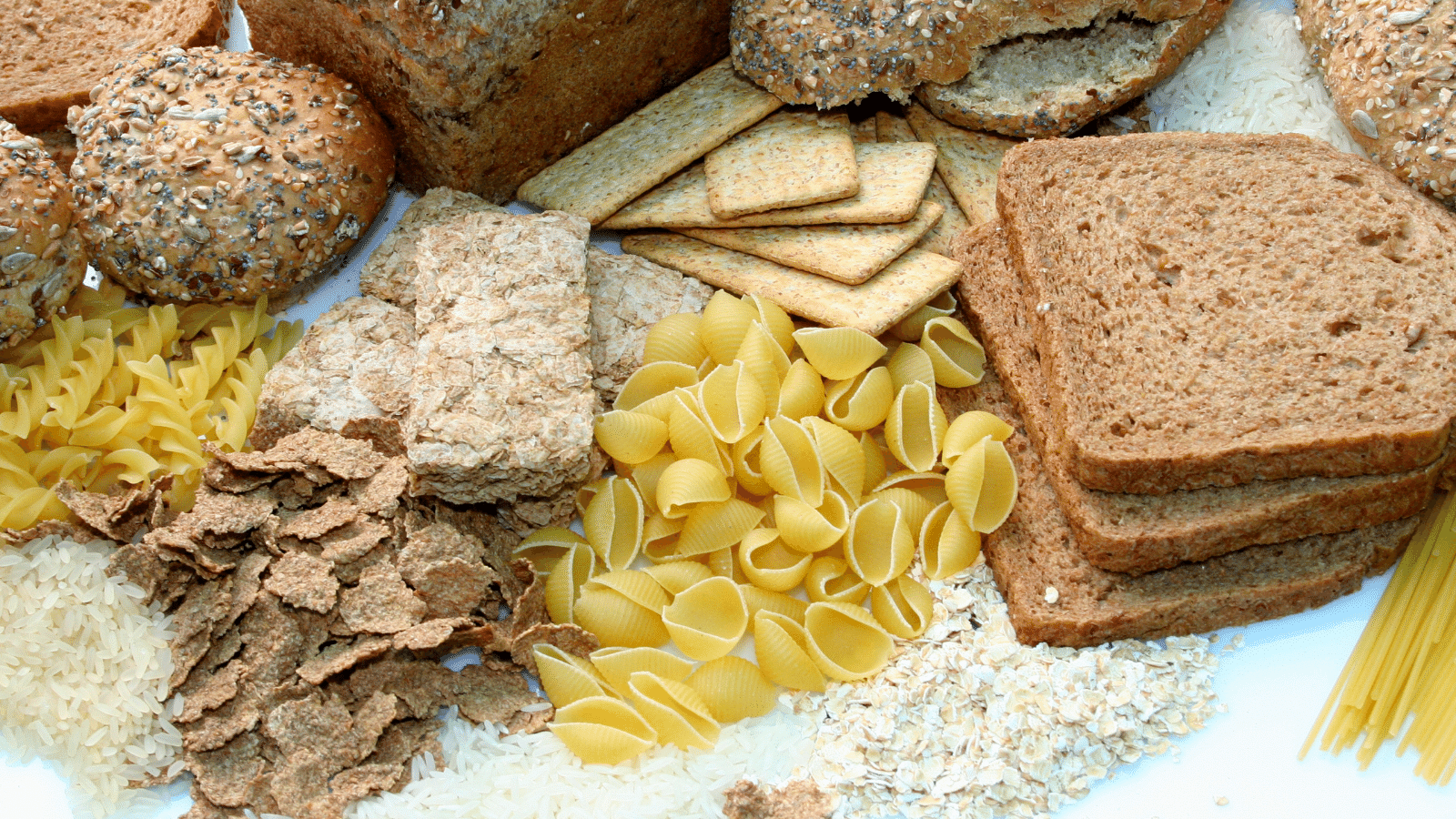 variety of grains such as bread, pasta, rice, crackers, and cereal