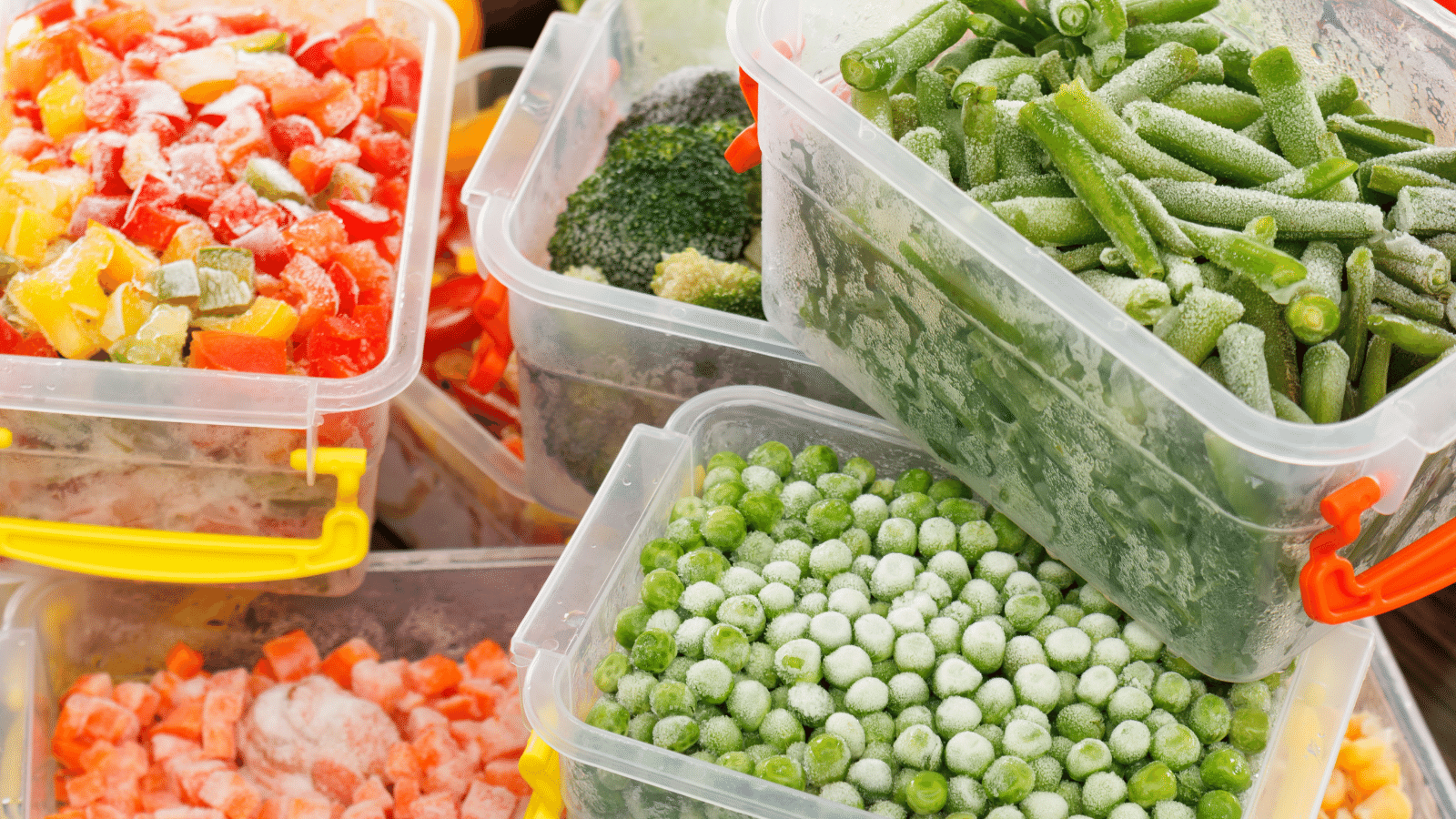 various frozen vegetables in reusable plastic containers